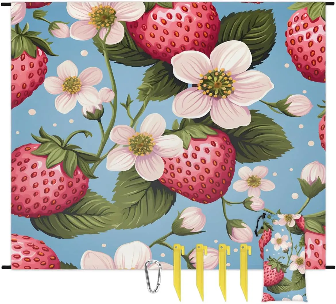 Beach Blanket, Sweet Strawberry Sandproof Beach Mat, Waterproof Quick Drying Sand Free Mat with 4 x Ground Spikes for Outdoor Travel Camping Hiking, Flower 68 x 59 in