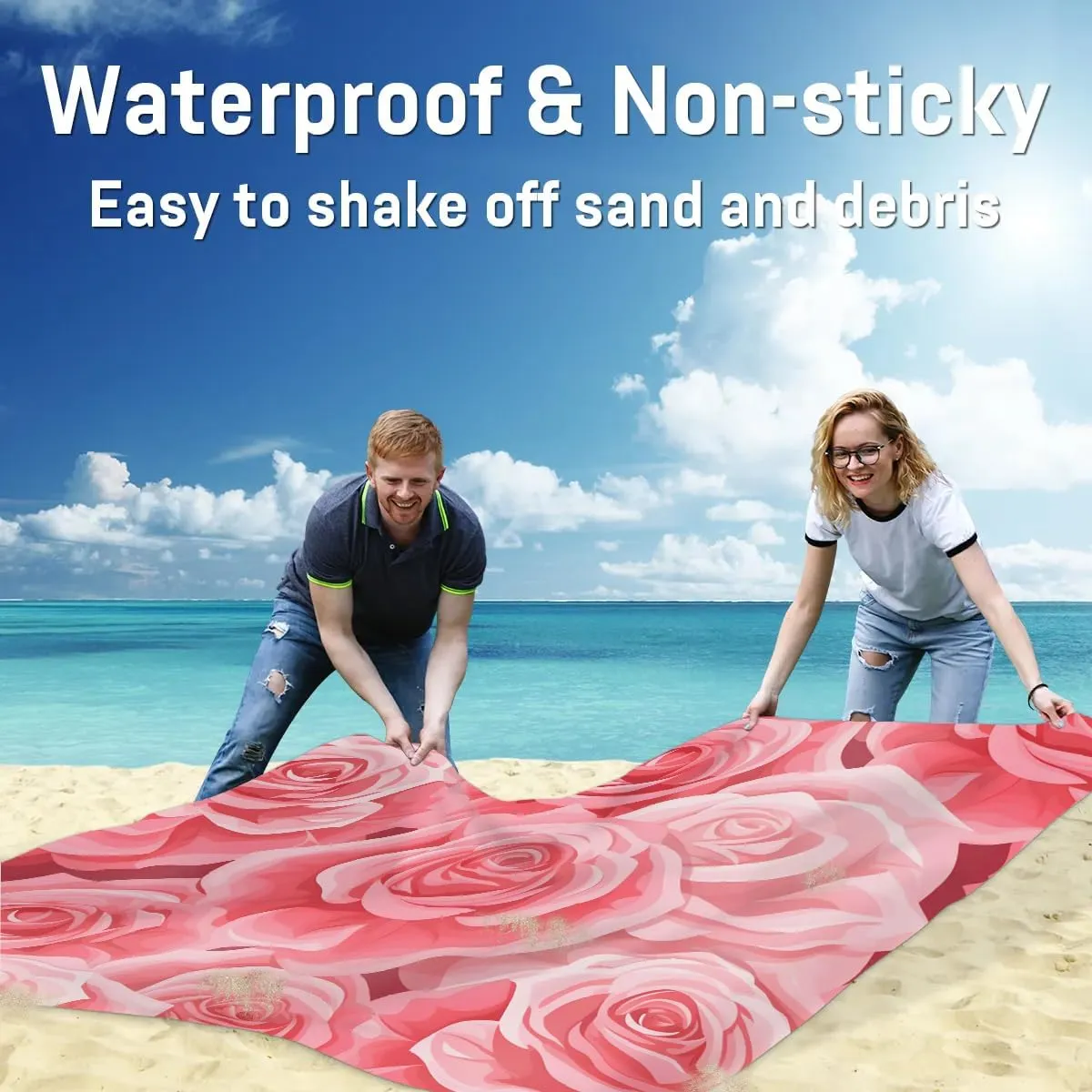 Beach Blanket, Vintage Rose Flower Sandproof Beach Mat, Waterproof Quick Drying Sand Free Mat with 4 x Ground Spikes for Outdoor Travel Camping Hiking, Valentine's Day 68 x 59 in
