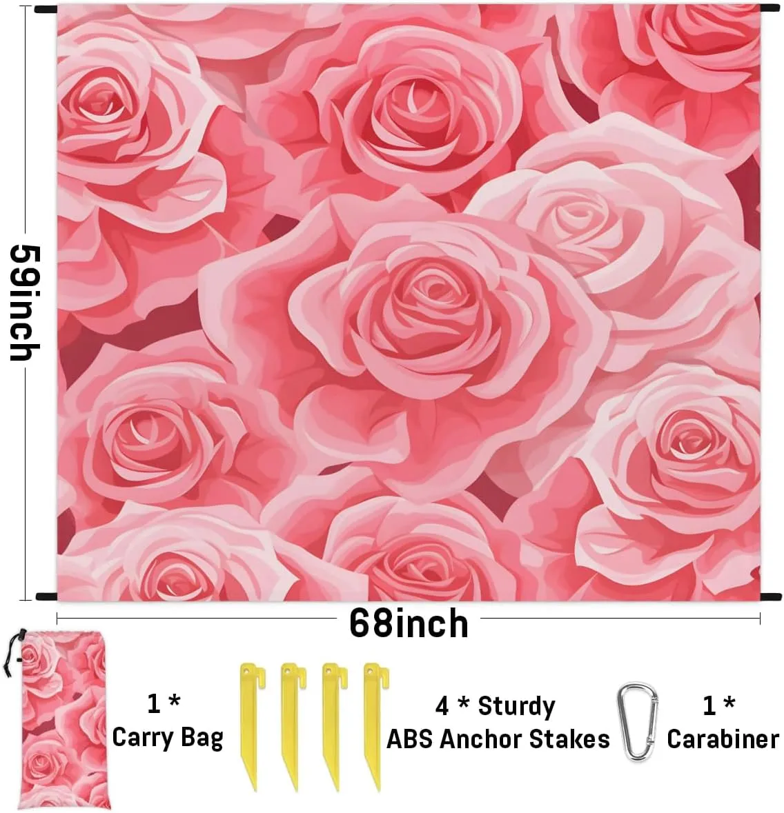 Beach Blanket, Vintage Rose Flower Sandproof Beach Mat, Waterproof Quick Drying Sand Free Mat with 4 x Ground Spikes for Outdoor Travel Camping Hiking, Valentine's Day 68 x 59 in