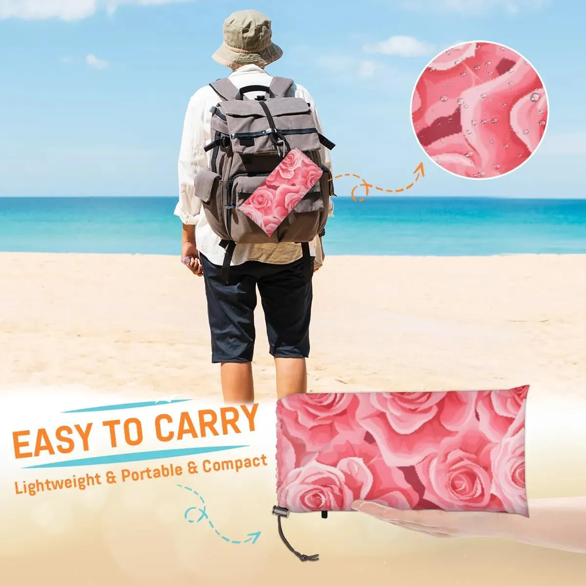 Beach Blanket, Vintage Rose Flower Sandproof Beach Mat, Waterproof Quick Drying Sand Free Mat with 4 x Ground Spikes for Outdoor Travel Camping Hiking, Valentine's Day 68 x 59 in