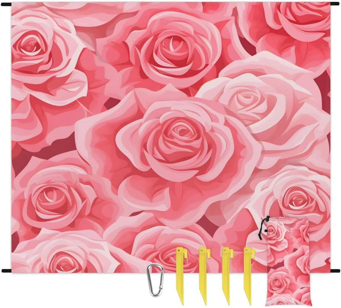 Beach Blanket, Vintage Rose Flower Sandproof Beach Mat, Waterproof Quick Drying Sand Free Mat with 4 x Ground Spikes for Outdoor Travel Camping Hiking, Valentine's Day 68 x 59 in