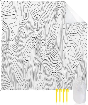 Beach Blanket Waterproof Sandproof 118”x108”, Abstract Style Black White Simple Line Mountain Range Oversized Beach Mat with 4 Corner Sand Pocket & 4 Stakes, Outdoor Picnic Mat for Camping Travel
