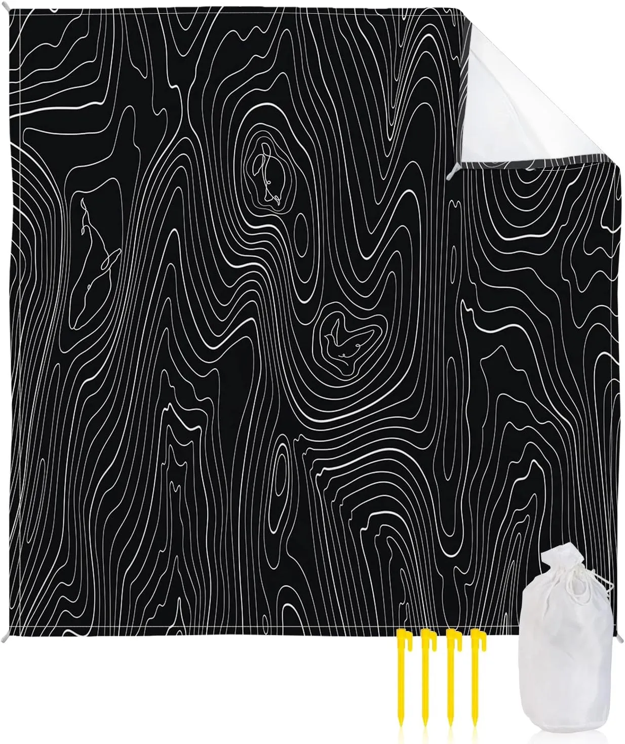 Beach Blanket Waterproof Sandproof 95”x80”, Abstract Black Mountain Range Stripes Oversized Beach Mat with 4 Corner Sand Pocket & 4 Stakes, Outdoor Picnic Mat for Camping Travel