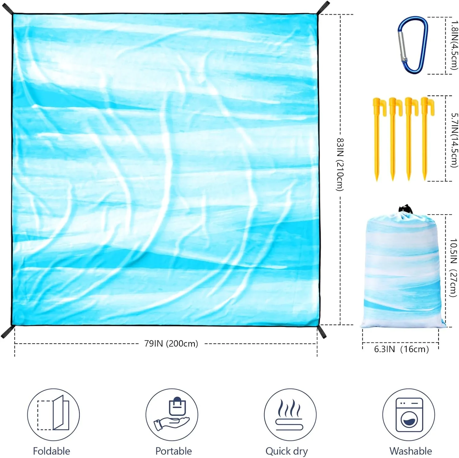 Beach Blanket Waterproof Sandproof Beach Mat 79" X 83" /10'x9'for 2-8 Adults Quick Drying Outdoor Picnic Mat Beach Accessories for Travel, Camping, Hiking