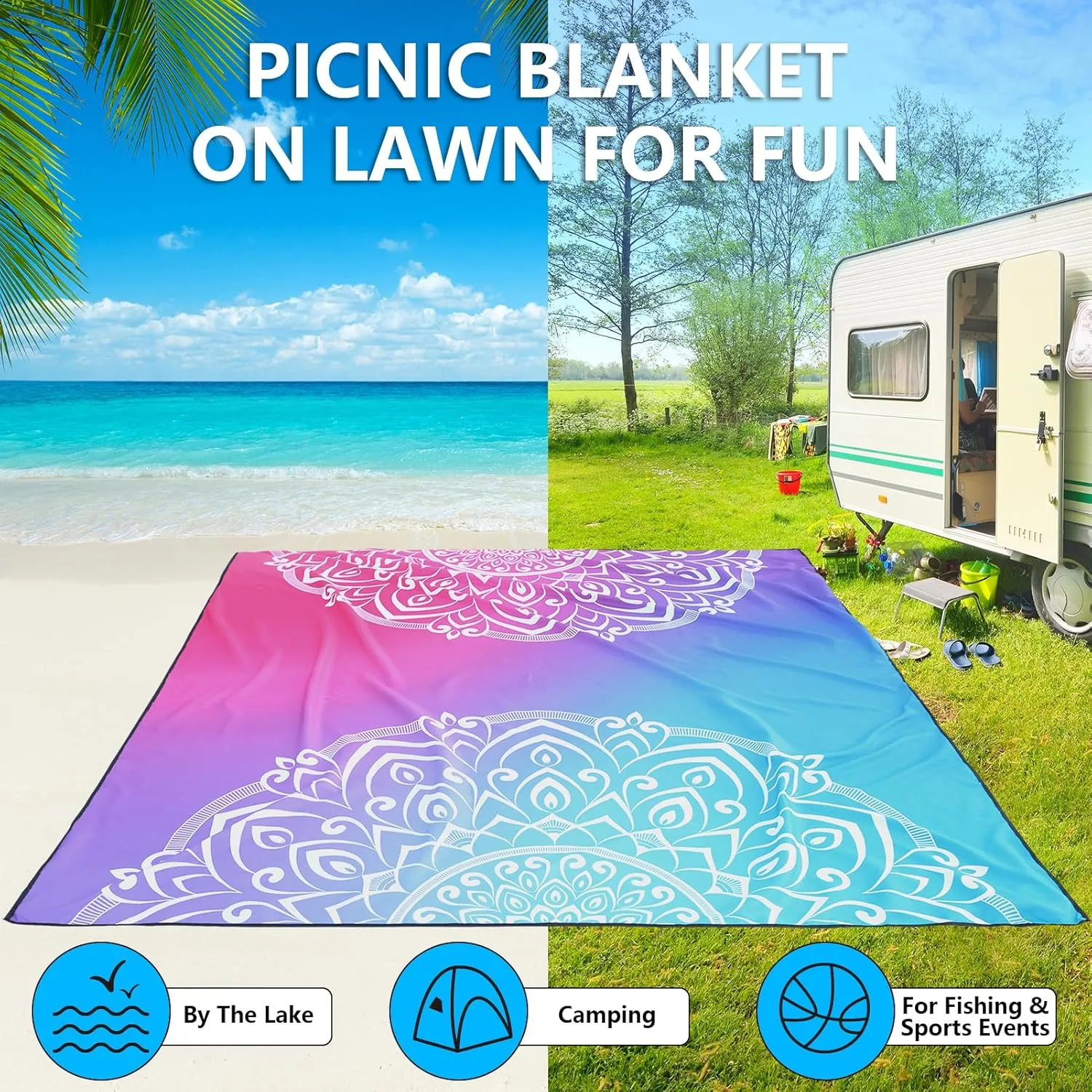 Beach Blanket Waterproof Sandproof Beach Mat 79" X 83" /10'x9'for 2-8 Adults Quick Drying Outdoor Picnic Mat Beach Accessories for Travel, Camping, Hiking