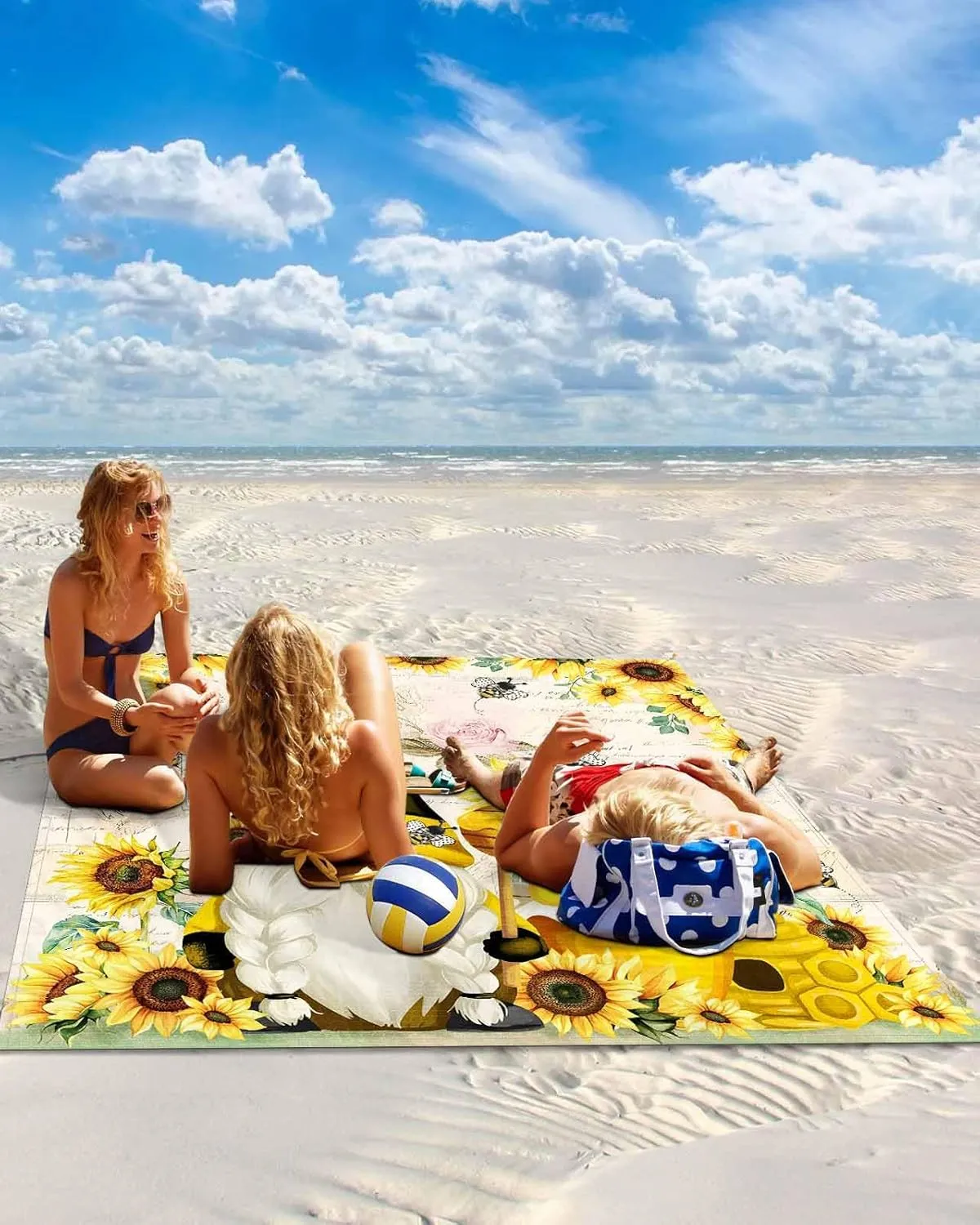 Beach Blanket Waterproof Sandproof, Country Sunflower Funny Gnome Quick Drying Beach Mat with 4 Stakes, Cartoon Bee Pink Bee Lightweight Picnic Blanket for Travel Camping Outdoor 108"x84"