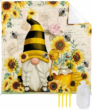Beach Blanket Waterproof Sandproof, Country Sunflower Funny Gnome Quick Drying Beach Mat with 4 Stakes, Cartoon Bee Pink Bee Lightweight Picnic Blanket for Travel Camping Outdoor 108"x84"