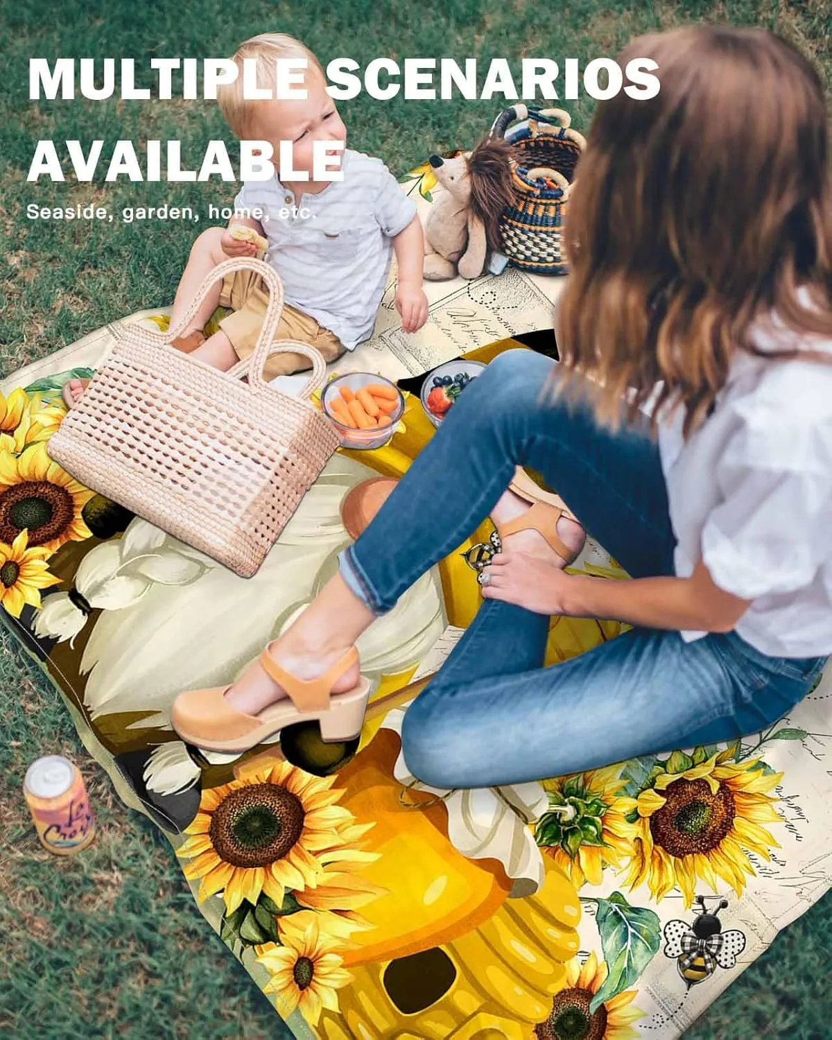 Beach Blanket Waterproof Sandproof, Country Sunflower Funny Gnome Quick Drying Beach Mat with 4 Stakes, Cartoon Bee Pink Bee Lightweight Picnic Blanket for Travel Camping Outdoor 108"x84"