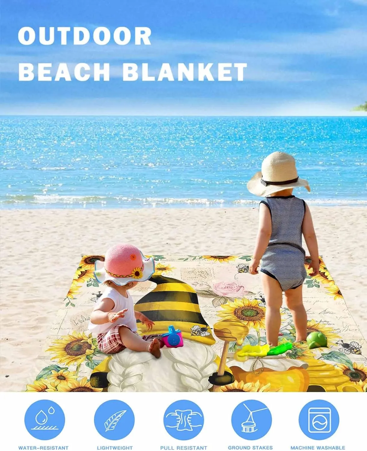 Beach Blanket Waterproof Sandproof, Country Sunflower Funny Gnome Quick Drying Beach Mat with 4 Stakes, Cartoon Bee Pink Bee Lightweight Picnic Blanket for Travel Camping Outdoor 108"x84"