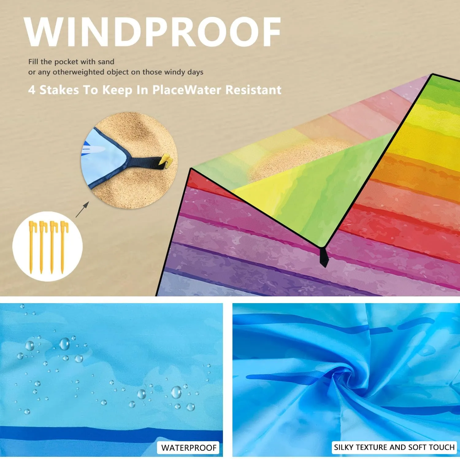 Beach Blanket Waterproof Sandproof Extra Large Outdoor Picnic Mat (86.6”x70.9”), Quick Dry Lightweight Camping, Travel & Beach Gear, Portable w/Anchors & Carry Bag for Family (Letter)