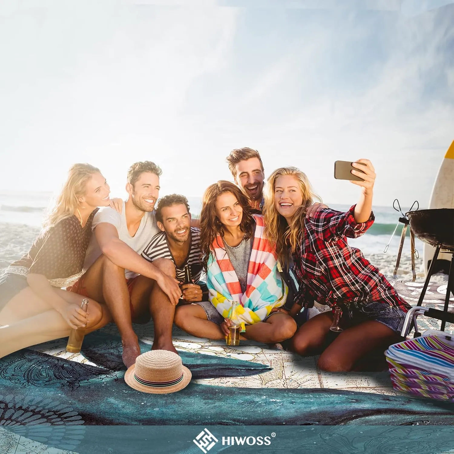 Beach Blanket Waterproof Sandproof Oversized 95”x 80”,Sand Free Beach Mat with Corner Pockets,Portable Mesh Bag for Beach Festival,Picnic,Travel and Outdoor Camping (Dolphin)