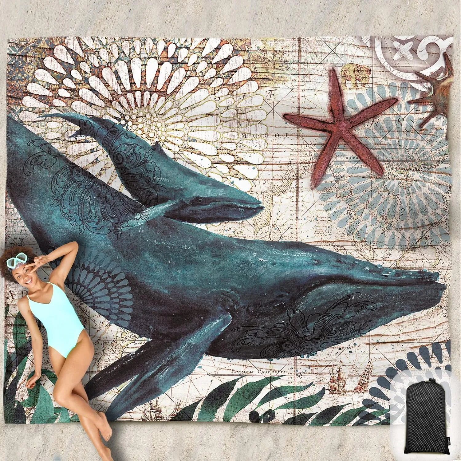 Beach Blanket Waterproof Sandproof Oversized 95”x 80”,Sand Free Beach Mat with Corner Pockets,Portable Mesh Bag for Beach Festival,Picnic,Travel and Outdoor Camping (Dolphin)