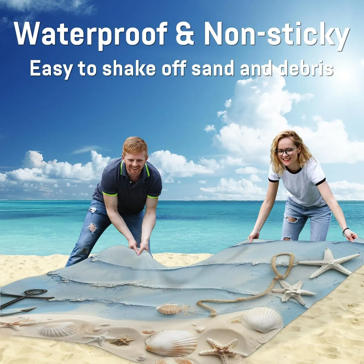 Beach Theme Beach Blanket, Sandproof Beach Mat, Adults Waterproof Quick Drying Sand Free Mat with 4 x Ground Spikes for Outdoor Travel Camping Hiking, Ocean Seashell