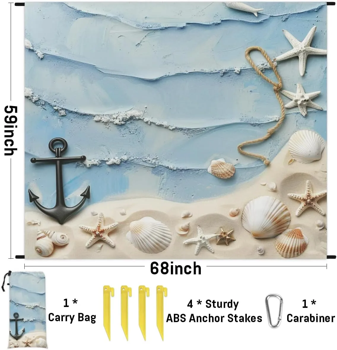 Beach Theme Beach Blanket, Sandproof Beach Mat, Adults Waterproof Quick Drying Sand Free Mat with 4 x Ground Spikes for Outdoor Travel Camping Hiking, Ocean Seashell