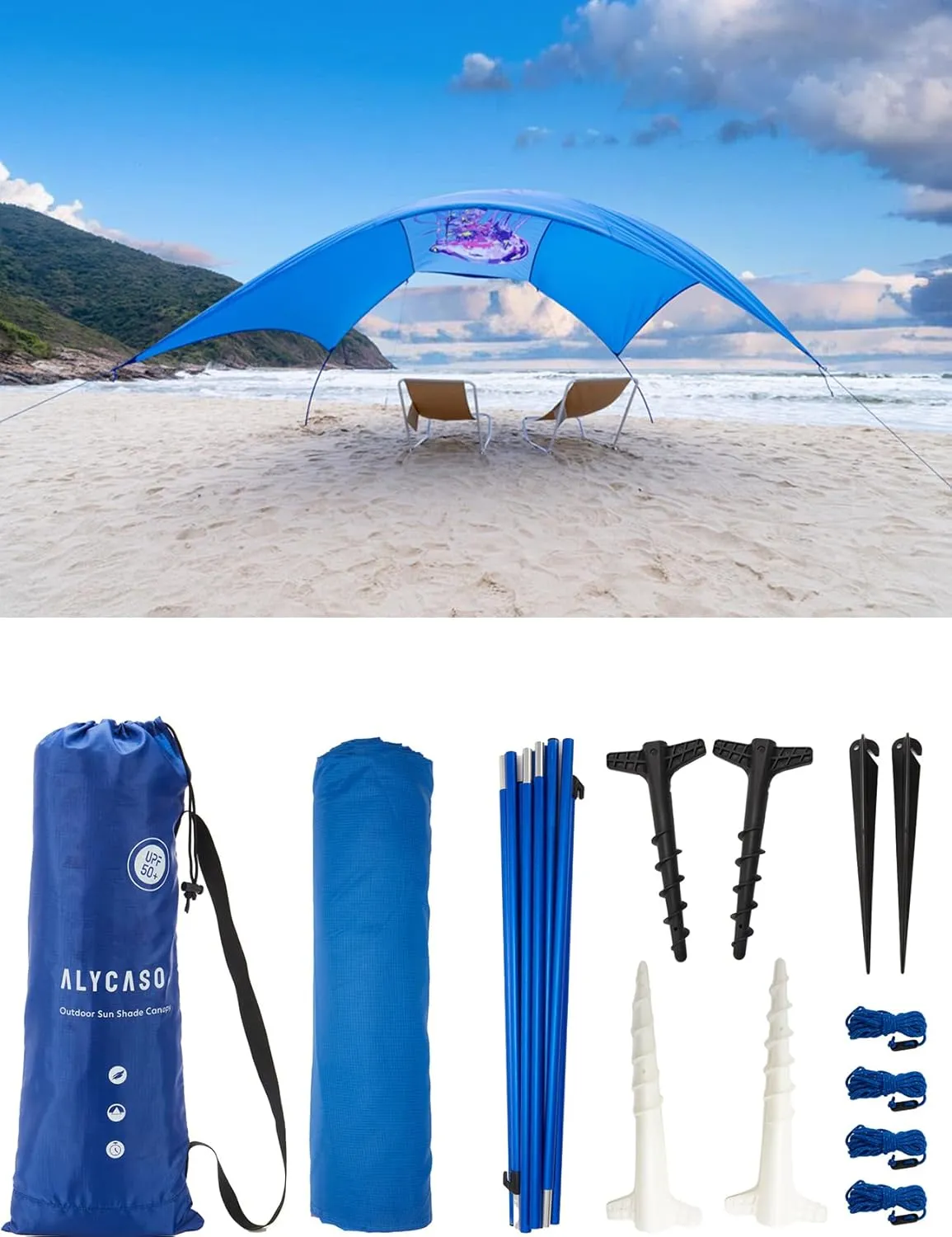 Beach Wind Shade Canopy, Shade Sun Shelter Tent for Beach, Backyard, Grassland, Park, Light Weight, Easy Set Up, 150 Sq. Ft. of Shade for 3-6 People, Regatta Big Manta Rays