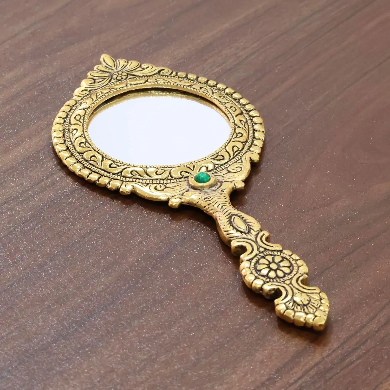 Beautifully Carved Round Shape Gold Plating Metal Hand Mirror for Makeup, Travelling, Salon Mirror & Decorative Mirror Antique Item for Wedding Gifts. Standard Gold