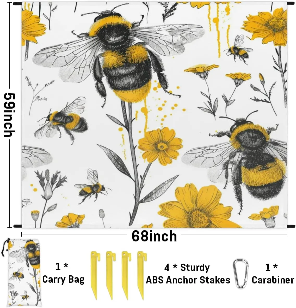 Bee Beach Blanket, Sandproof Beach Mat, Adults Waterproof Quick Drying Sand Free Mat with 4 x Ground Spikes for Outdoor Travel Camping Hiking, Yellow Flower Floral