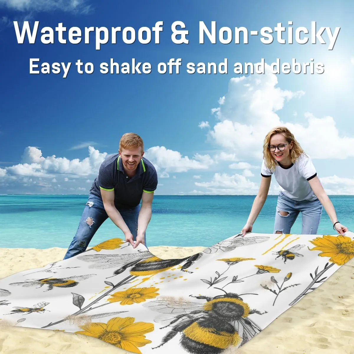 Bee Beach Blanket, Sandproof Beach Mat, Adults Waterproof Quick Drying Sand Free Mat with 4 x Ground Spikes for Outdoor Travel Camping Hiking, Yellow Flower Floral