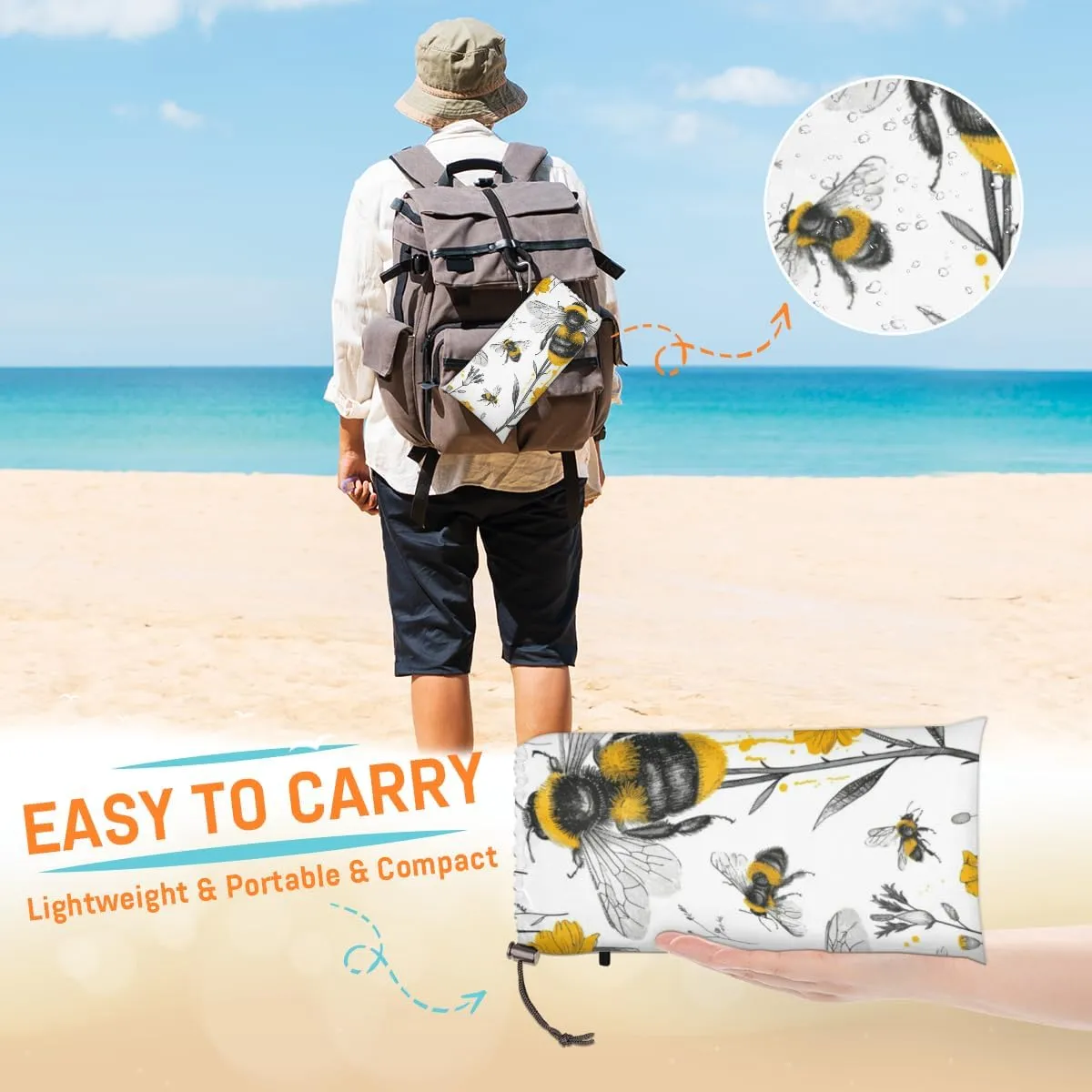 Bee Beach Blanket, Sandproof Beach Mat, Adults Waterproof Quick Drying Sand Free Mat with 4 x Ground Spikes for Outdoor Travel Camping Hiking, Yellow Flower Floral