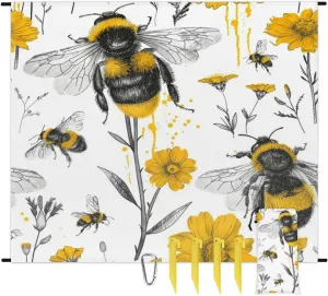 Bee Beach Blanket, Sandproof Beach Mat, Adults Waterproof Quick Drying Sand Free Mat with 4 x Ground Spikes for Outdoor Travel Camping Hiking, Yellow Flower Floral