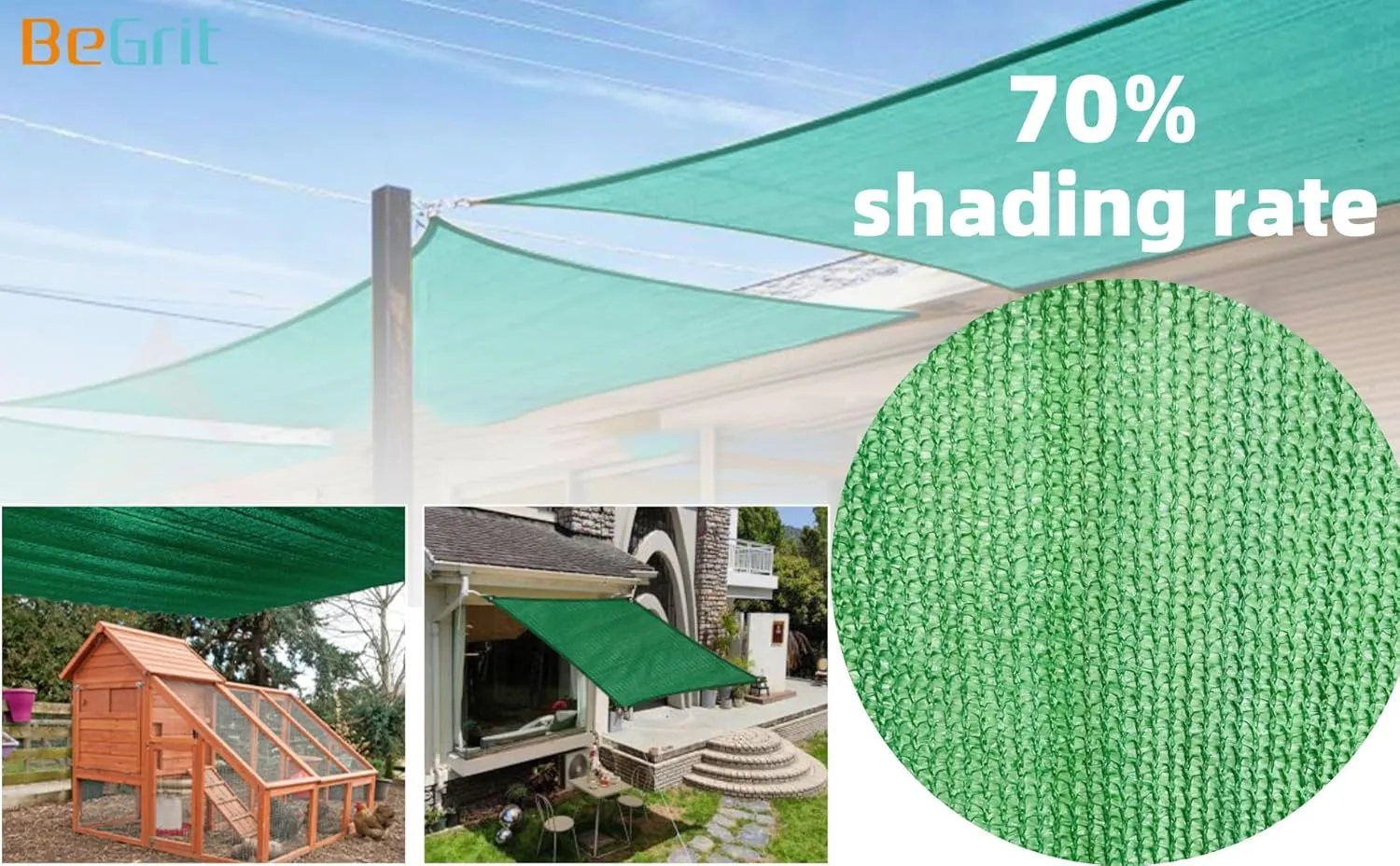 BeGrit Shade Cloth for Garden 70% 6x13ft with Grommets Sunblock Sun Mesh UV Resistant Net for Plants,Greenhouse,Patio,Chicken Coop(Green)
