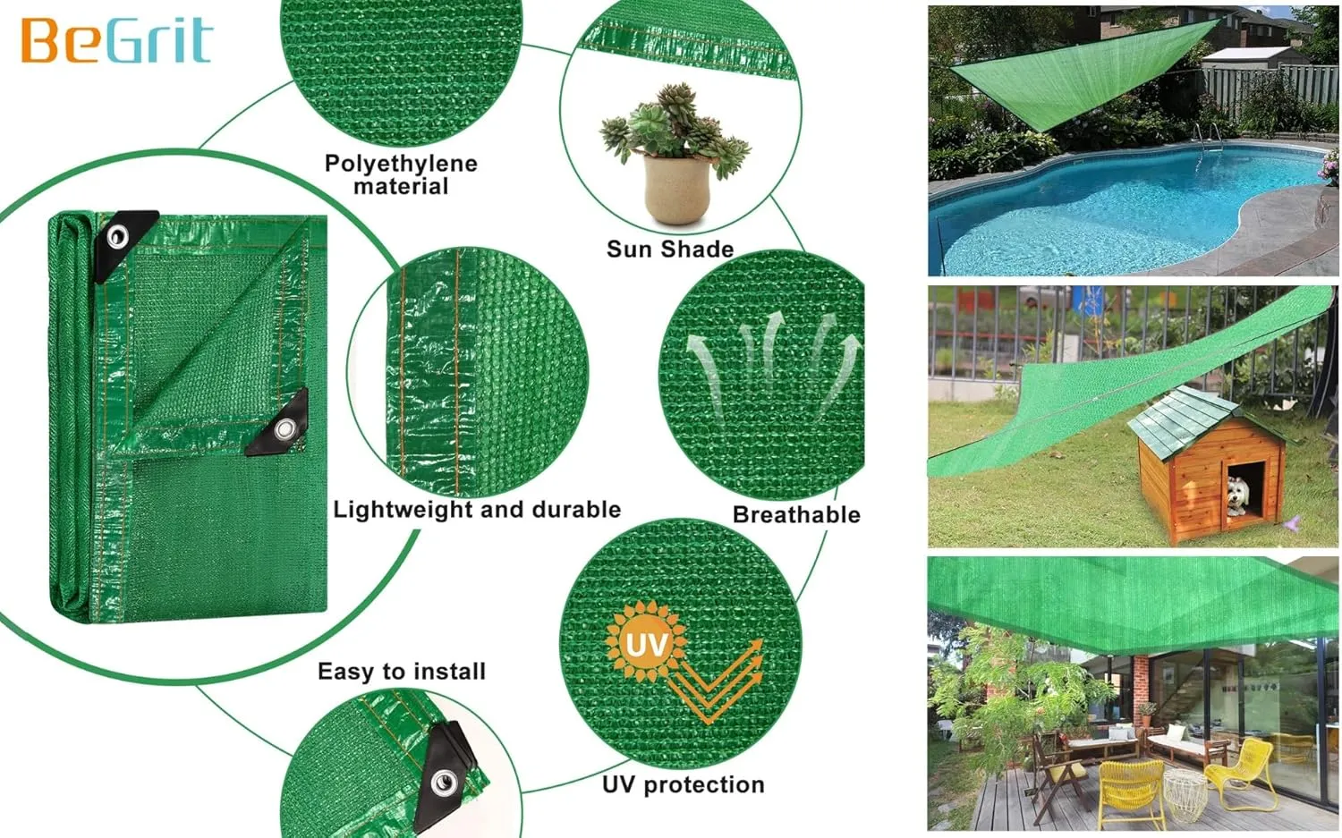 BeGrit Shade Cloth for Garden 70% 6x13ft with Grommets Sunblock Sun Mesh UV Resistant Net for Plants,Greenhouse,Patio,Chicken Coop(Green)