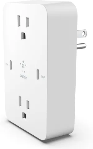 Belkin Multi-Outlet Extender, Fast Charging USB-C Plug Adapter - Safe Charge for MacBook Pro, Chromebook, Apple iPhone 16, 15, 14, Samsung Galaxy S25, Nintendo Switch 2, & More - White