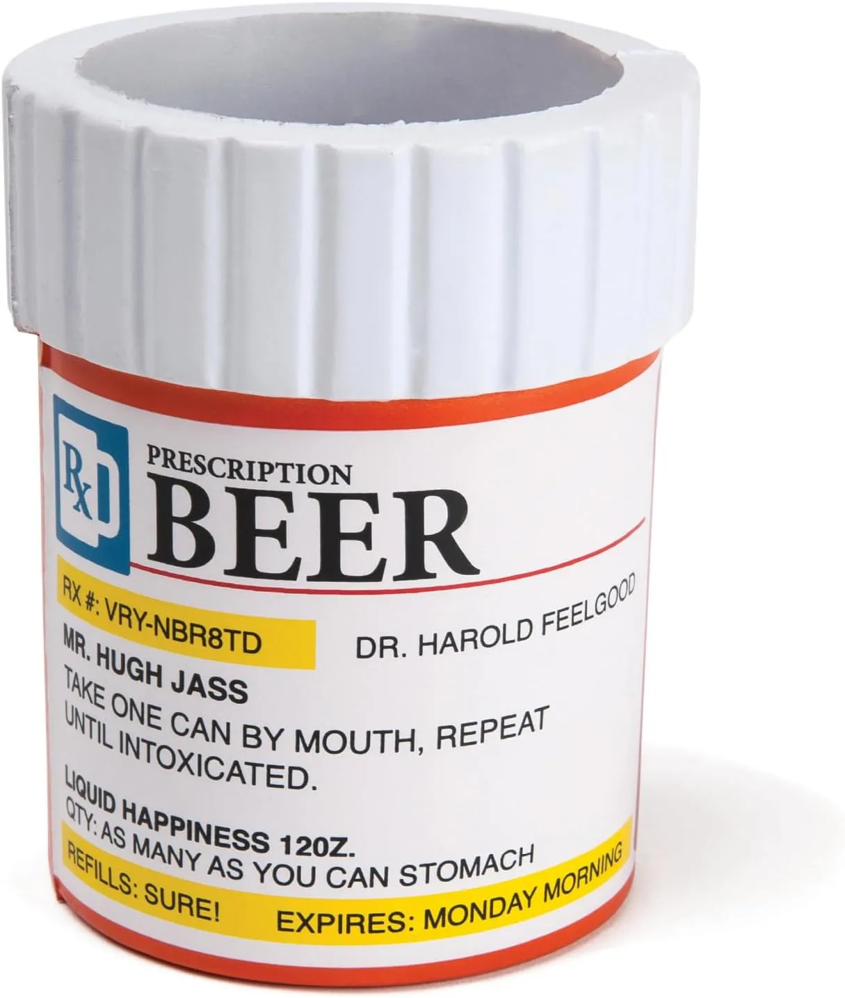 BigMouth Inc Foam Drink Kooler, Soft Sided Beer Cooler, Portable Party Beverage Holder for Soda Cans, Funny Can Cooler - Prescription Bill Bottle
