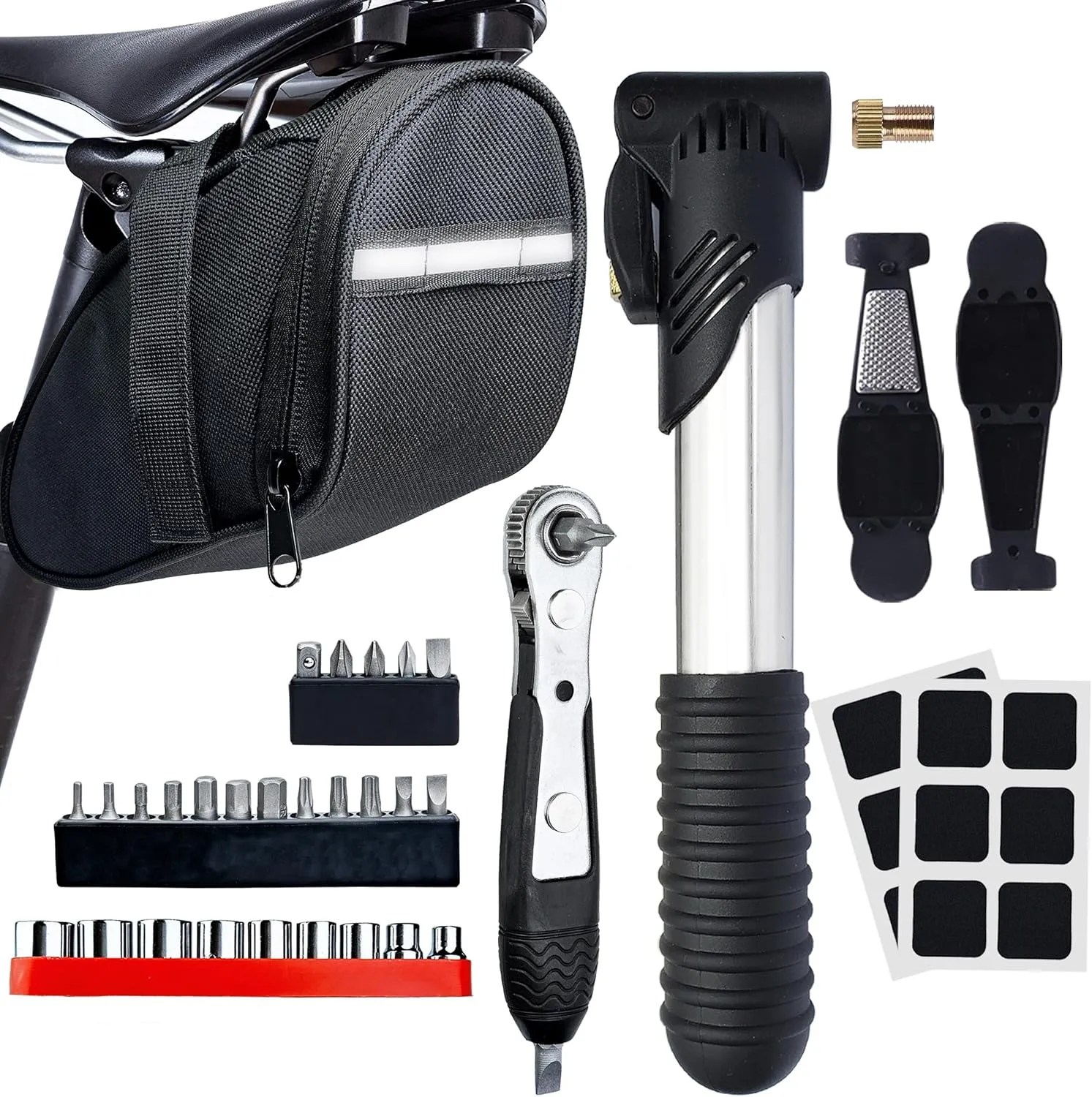 Bike Tool Kit, Repair Kit Mini Ratchet Wrench with 26 Bits, Saddle Bag, Pump, Tire Lever Patches Bicycle Multitool Accessories Screwdriver Set for Adult Bikes Road Mountain MTB