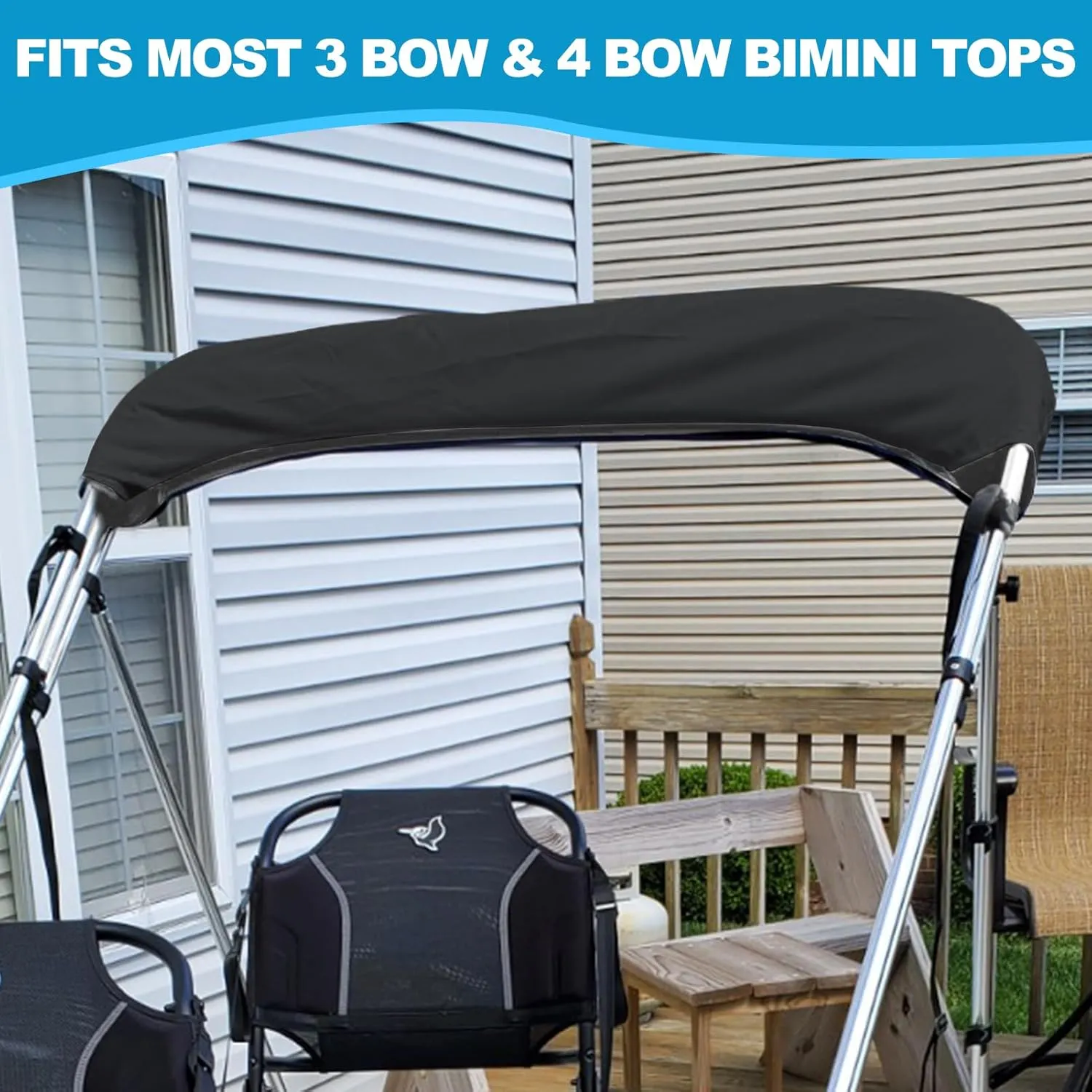 Bimini Top Replacement Canvas with Light Hole for Boat, 4 Bow 8L 79-84W Bimini Top Cover with Storage Boot, 900D Heavy Duty Waterproof Marine Polyester, Without Frame, Black