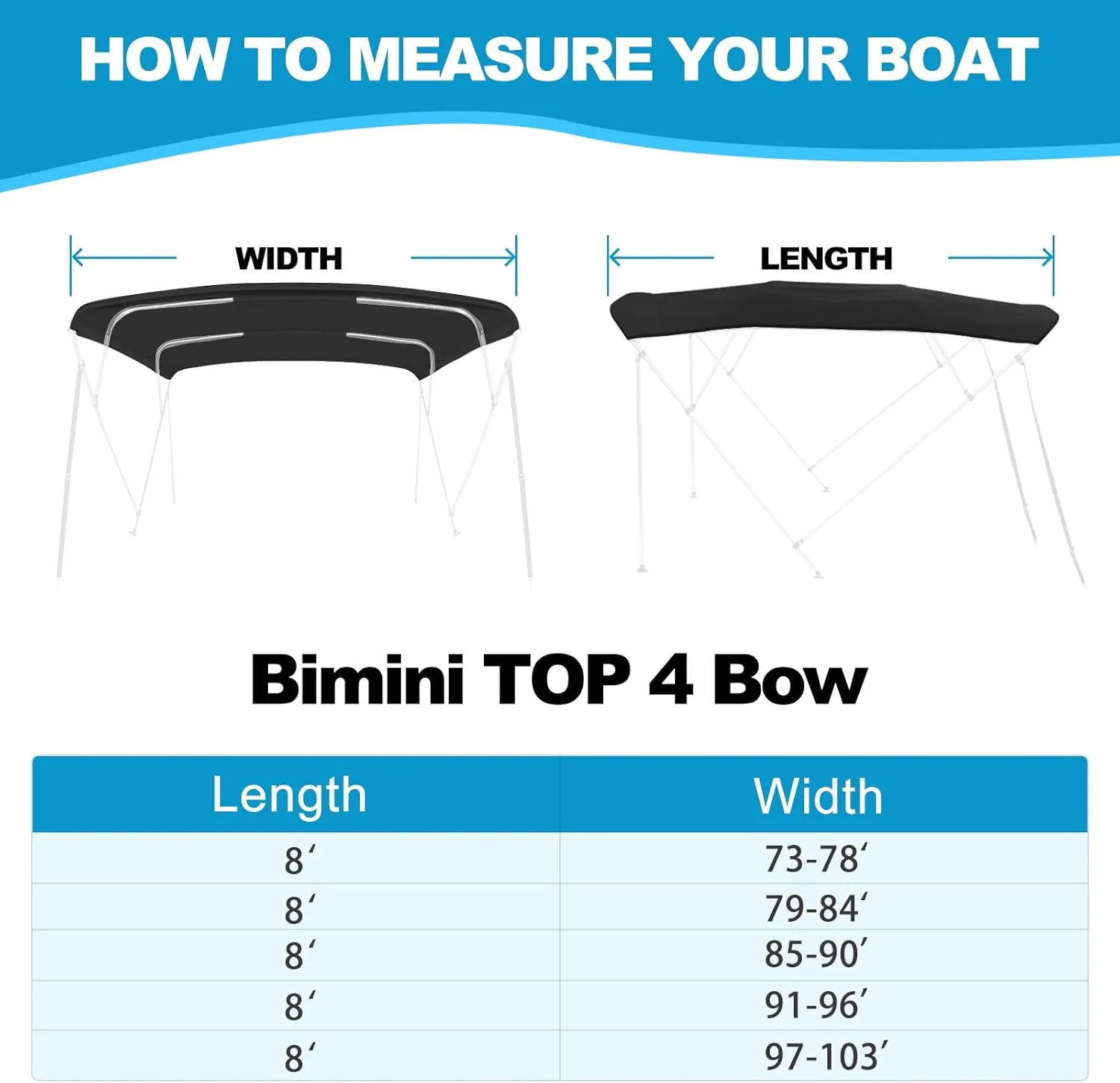 Bimini Top Replacement Canvas with Light Hole for Boat, 4 Bow 8L 79-84W Bimini Top Cover with Storage Boot, 900D Heavy Duty Waterproof Marine Polyester, Without Frame, Black