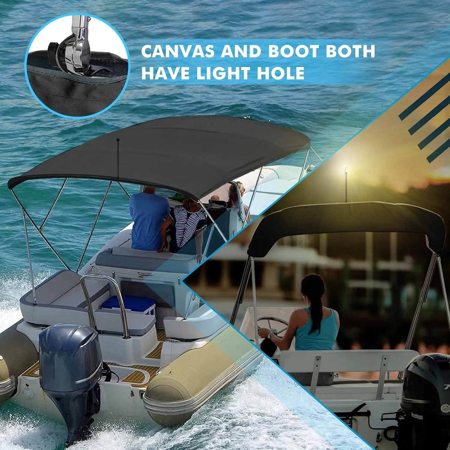 Bimini Top Replacement Canvas with Light Hole for Boat, 4 Bow 8L 79-84W Bimini Top Cover with Storage Boot, 900D Heavy Duty Waterproof Marine Polyester, Without Frame, Black