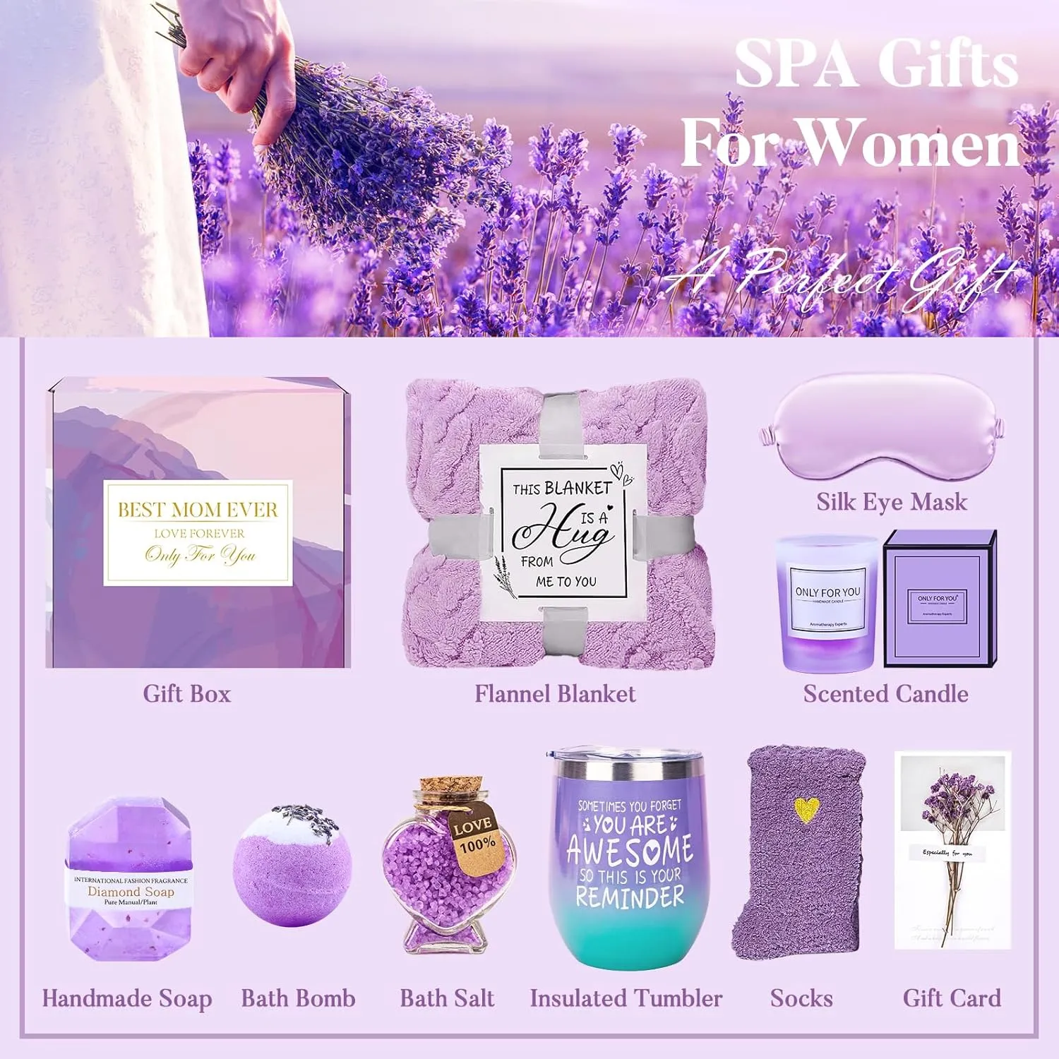 Birthday Gifts for Mom from Daughter Son, Relaxing Lavender Spa Basket Set for Women Luxury Self-Care Basket for Mama, Birthday Mothers Day Gifts for Women, Mom, Wife, Sister, Friend, Her
