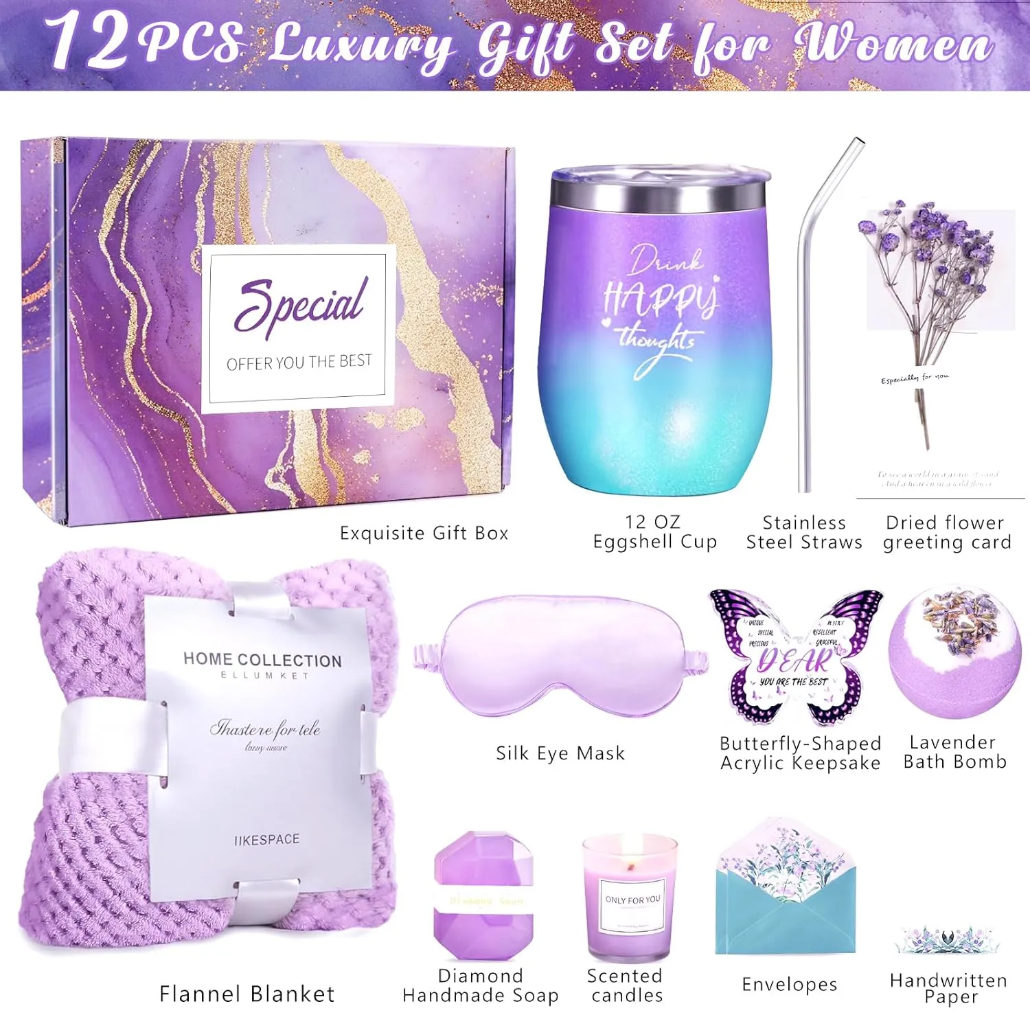 Birthday Gifts for Women, 12 PCS Unique Relaxing Spa Self Care Box Get Well Soon Gifts Baskets, Mothers Day Gifts for Mom, Wife, Girlfriend, Friends, Her Fantasy Box (Purple)