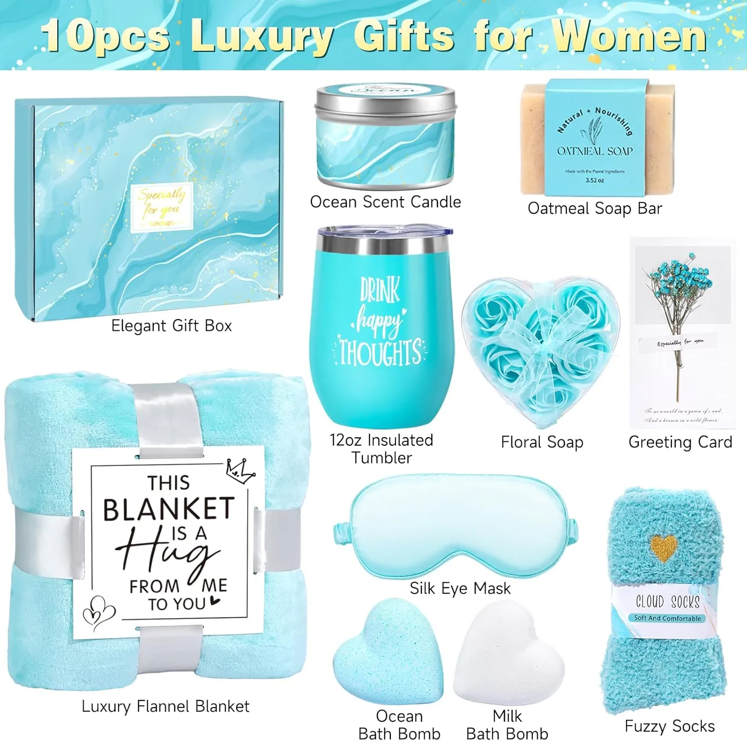 Birthday Gifts for Women, Christmas Self Care Gifts Get Well Soon Gifts Basket, Ocean Relaxing Spa Gifts Care Package w/Luxury Flannel Blanket, Unique for Mom Her Friend Sister