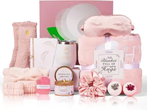Birthday Gifts for Women, Get Well Soon & Self Care Gifts for Women, Relaxing Spa Gifts Basket with Luxury Flannel Blanket, Thanks Mothers Day Gifts for Mom Her Friend Sister Wife Grandma