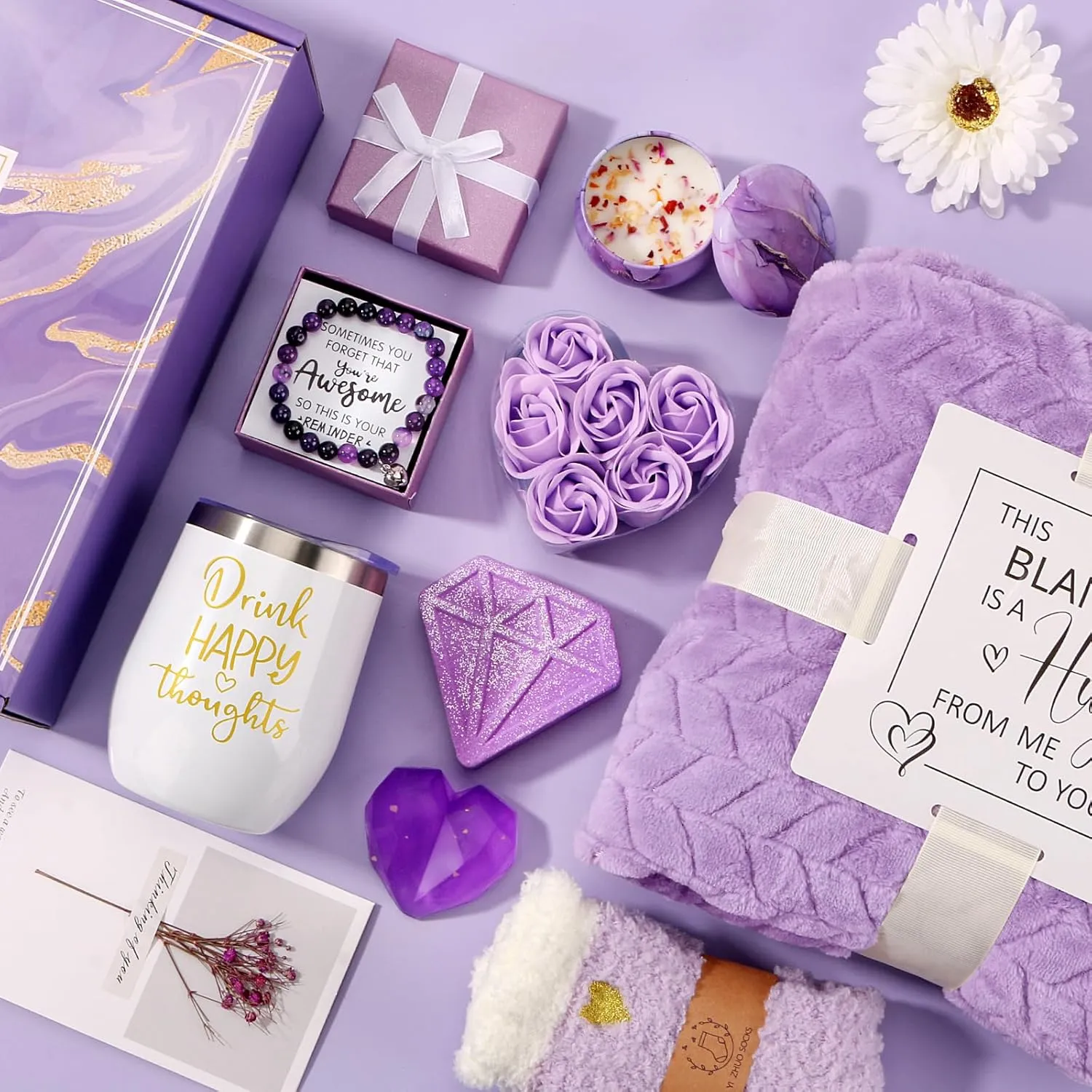 Birthday Gifts for Women Self Care Gift Set, Purple Relaxing Spa Gift Baskets Care Package Get Well Soon Gifts, Unique Mothers Day Gifts for Mom Her Sister Friend Wife Grandma Girlfriend