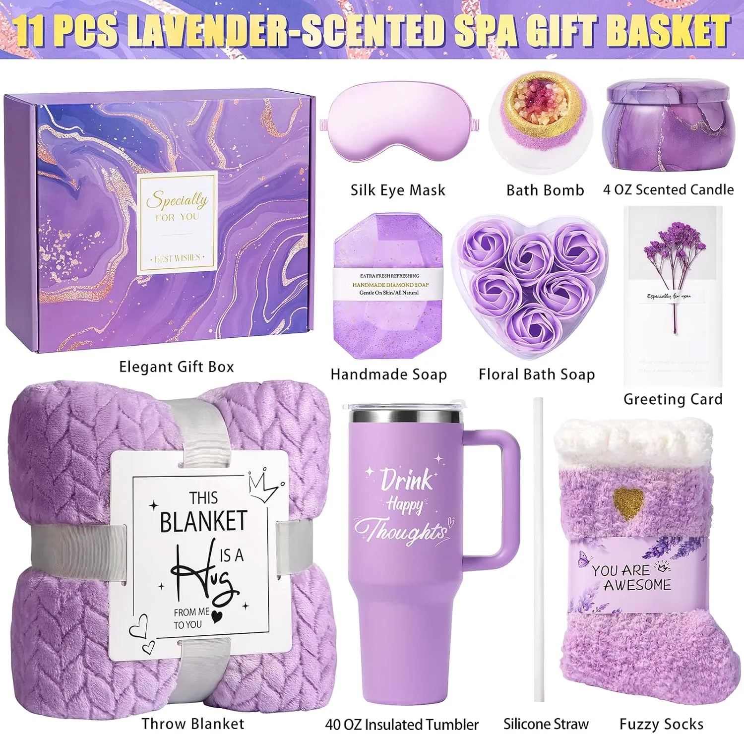 Birthday Gifts for Women - Self Care Gifts Get Well Soon Gifts, Happy Birthday Spa Gift Baskets w/Flannel Blanket 40 OZ Tumbler, Mothers Day Bday Gifts for Mom Wife Sister Best Friend Her Daughter