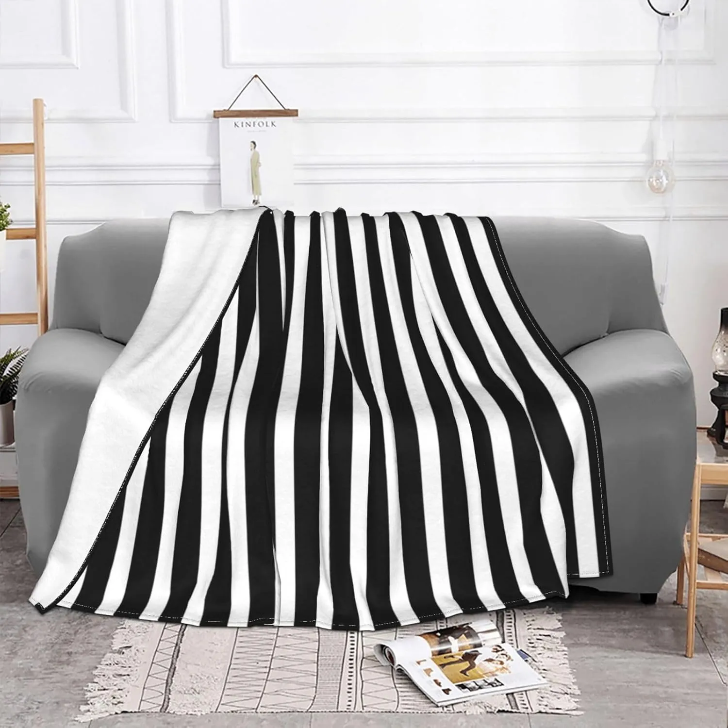 Black & White Stripes 80"X60" Flannel Blanket - 100% Soft Polyester, Lightweight and Warm, Suitable for Families, Camping, Travel