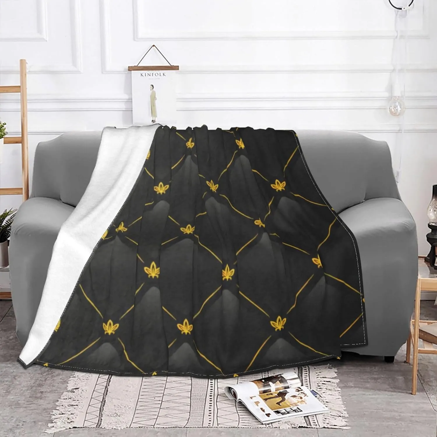 Black and Gold 60"X50" Flannel Blanket - 100% Soft Polyester, Lightweight and Warm, Suitable for Families, Camping, Travel