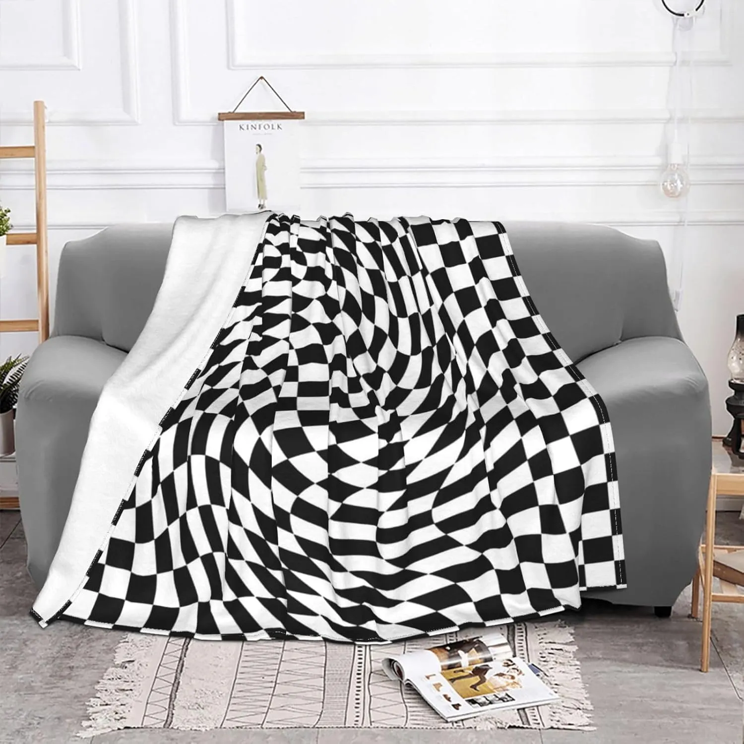 Black and White Checkered Wrap Pattern 60"X50" Flannel Blanket - 100% Soft Polyester, Lightweight and Warm, Suitable for Families, Camping, Travel