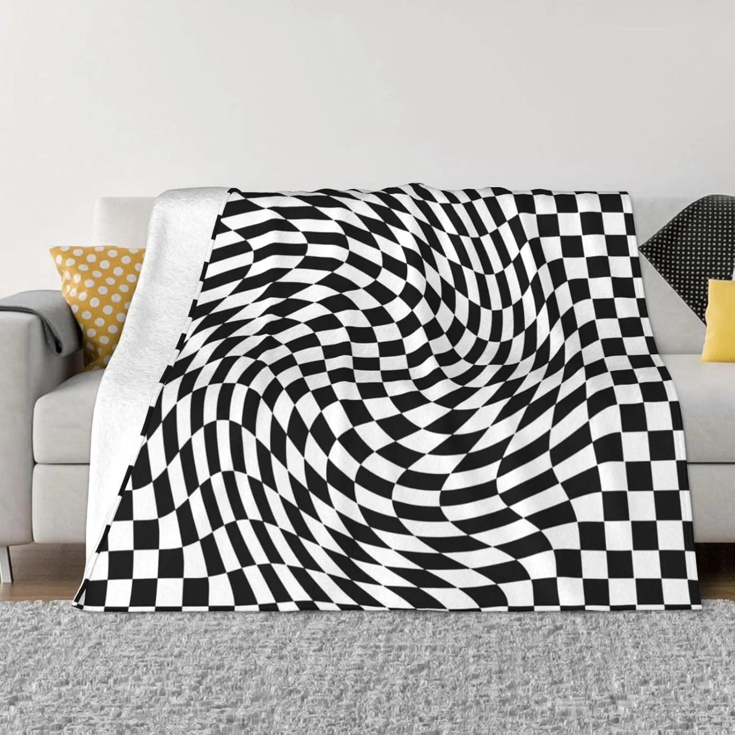 Black and White Checkered Wrap Pattern 60"X50" Flannel Blanket - 100% Soft Polyester, Lightweight and Warm, Suitable for Families, Camping, Travel