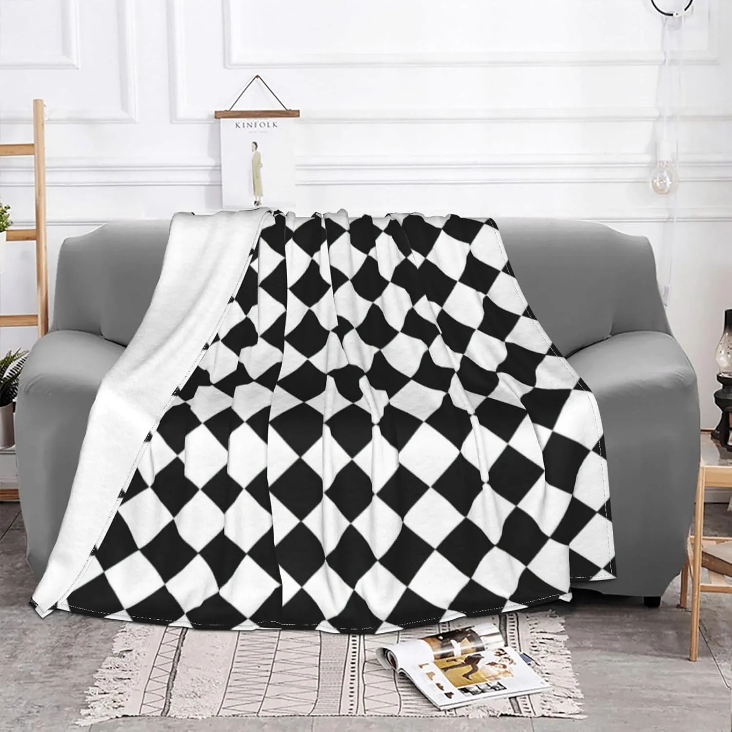 Black and White Diamond Pattern 60"X50" Flannel Blanket - 100% Soft Polyester, Lightweight and Warm, Suitable for Families, Camping, Travel