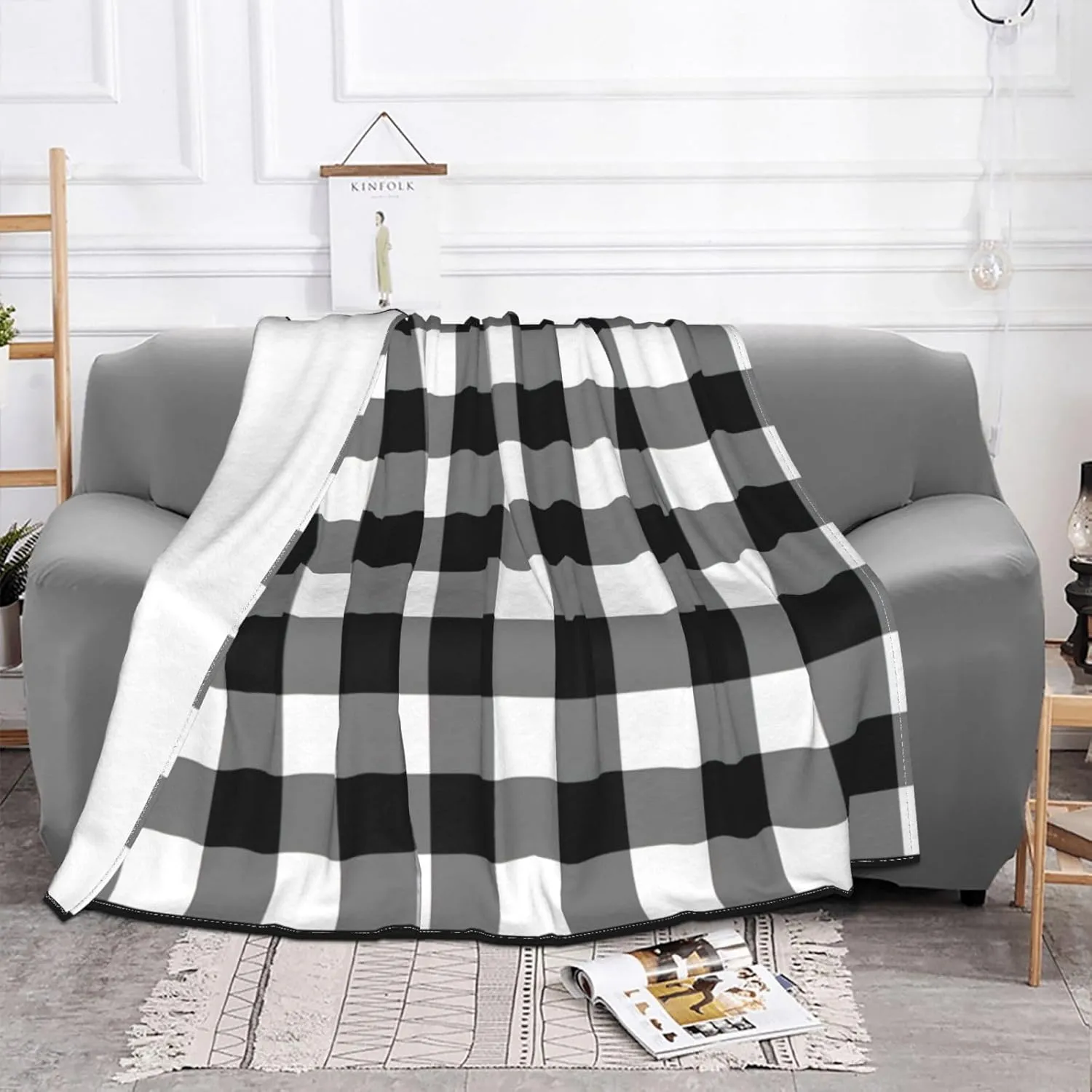 Black and White Gingham 60"X50" Flannel Blanket - 100% Soft Polyester, Lightweight and Warm, Suitable for Families, Camping, Travel