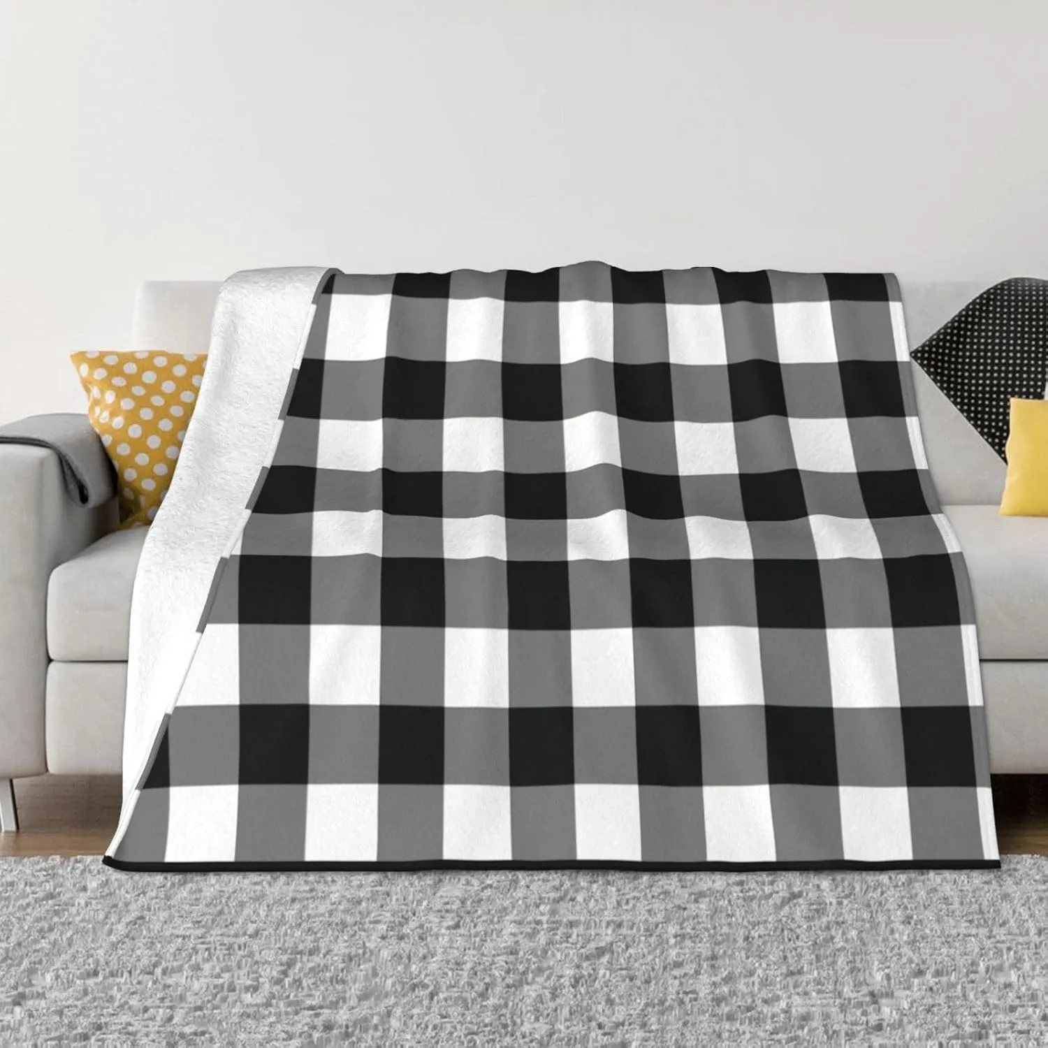 Black and White Gingham 60"X50" Flannel Blanket - 100% Soft Polyester, Lightweight and Warm, Suitable for Families, Camping, Travel