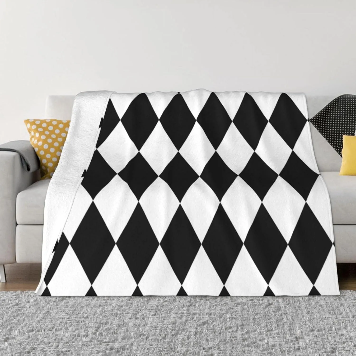 Black and White Harlequin 60"X50" Flannel Blanket - 100% Soft Polyester, Lightweight and Warm, Suitable for Families, Camping, Travel