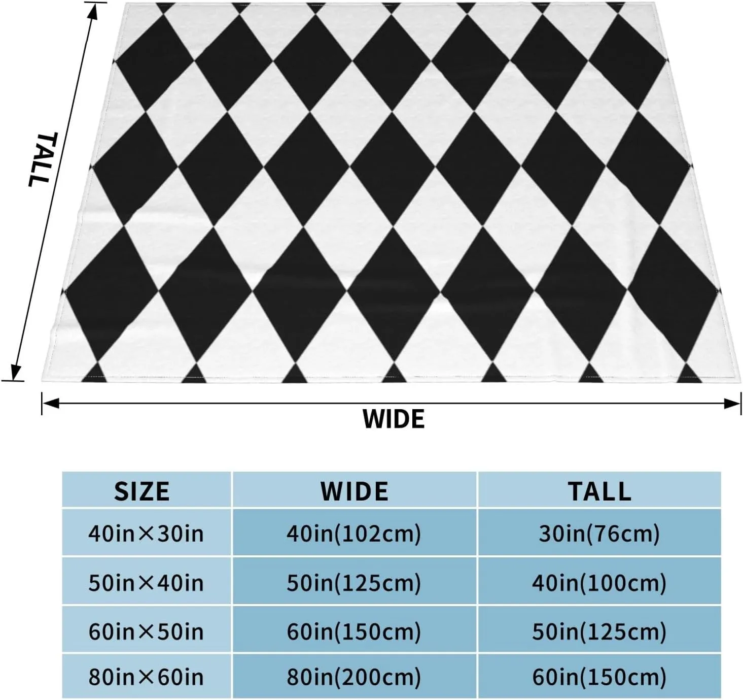 Black and White Harlequin 60"X50" Flannel Blanket - 100% Soft Polyester, Lightweight and Warm, Suitable for Families, Camping, Travel