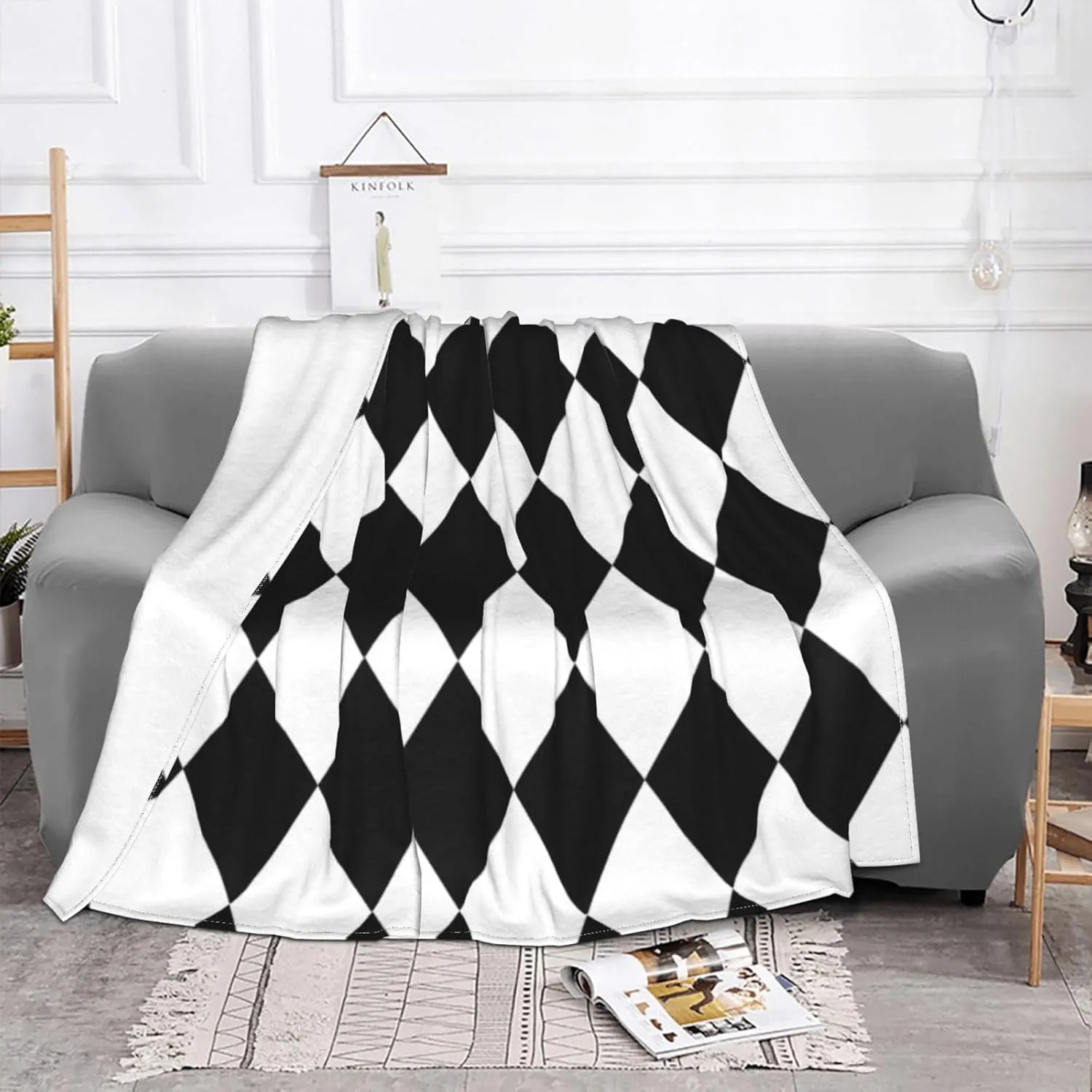 Black and White Harlequin 60"X50" Flannel Blanket - 100% Soft Polyester, Lightweight and Warm, Suitable for Families, Camping, Travel