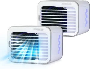 BLACK DECKER Desktop Air Cooler, Personal Portable Fan with 3-Speeds, Evaporative Air Cooler with 0.5L Water Tank, Air Cooler Fan for Desk, Home, Office, Bedroom, and more, Pack of 2, White/Gray