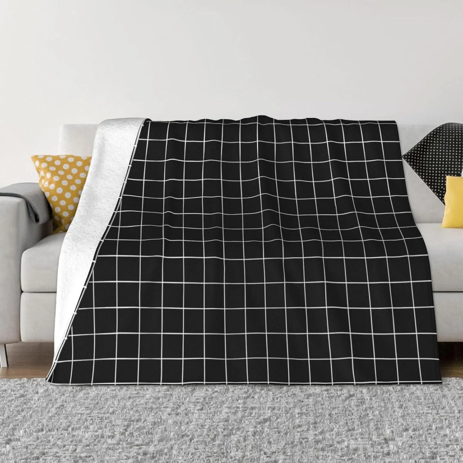 Black Grid 60"X50" Flannel Blanket - 100% Soft Polyester, Lightweight and Warm, Suitable for Families, Camping, Travel